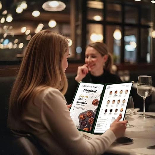 Goodsmart Restaurant Menu Covers – 25 Pack Green 10-View 8.5" x 11" Cafe Menu Holders, Side-Loading Vinyl Covers with Clear Sleeves, Plastic & Leather-Style Menu Covers with Gold Corners