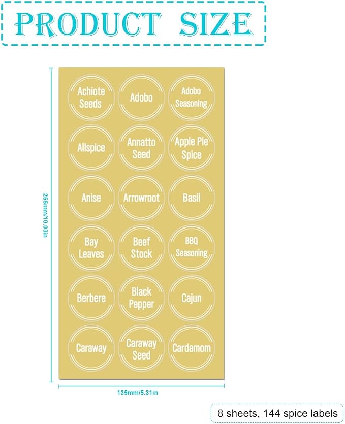 144 Pcs Transparent Spice Labels, Numbers for Jar Organization, Food Labels Waterproof Kitchen Seasoning Names Label, Preprinted White Letters Pantry Stickers (Transparent)