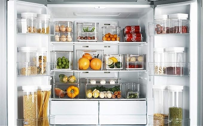 SANNO Freezer Containers Food Storage Containers Fridge Containers Plastic Organization Storage Bin for Fridge, Freezer, Pantry, Kitchen- Organizer for Fruit, Yogurt, Snacks, Pasta, set of 2