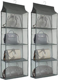 Closet Handbag Purse Holder, Space Saving Hanging Handbag Storage Tote Bag Organizer Holder with 4 Large Heavy-Duty Mesh Shelves for Wardrobe Closet(Pack of 2 Gray)