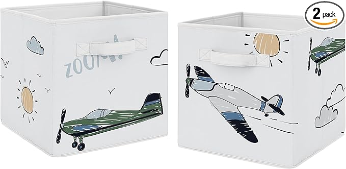 Sweet Jojo Designs Vintage Airplane Boy Collapsible Fabric Storage Cubes Foldable Bins Organizer Boxes Kids Baby Childrens Toys (Set of 2) Grey Green Blue White Yellow Airplanes Plane Transportation
