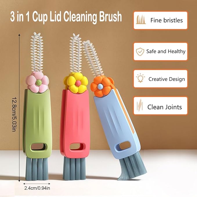3 in 1 Cup Lid Cleaning Brush, Crevice Cleaning Brush for Bottle Gap Tight Spaces Cup, 3 in 1 Multifunctional Cleaning Brush Lid Cleaner Brush, Portable Cup Lid Cleaner with Brush for Home Kitchen