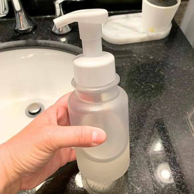 14 oz Plastic Foaming Soap Bottle Dispenser (Clear/White) | frosted finish, wide opening, easy refills, for foam soap, thick plastic