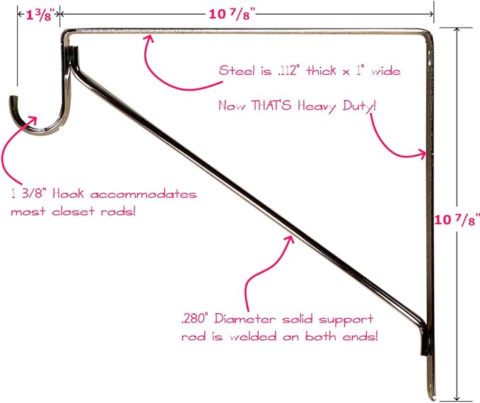 Welded HEAVY DUTY Closet Rod & Shelf Support Bracket | Black | 20 Pack