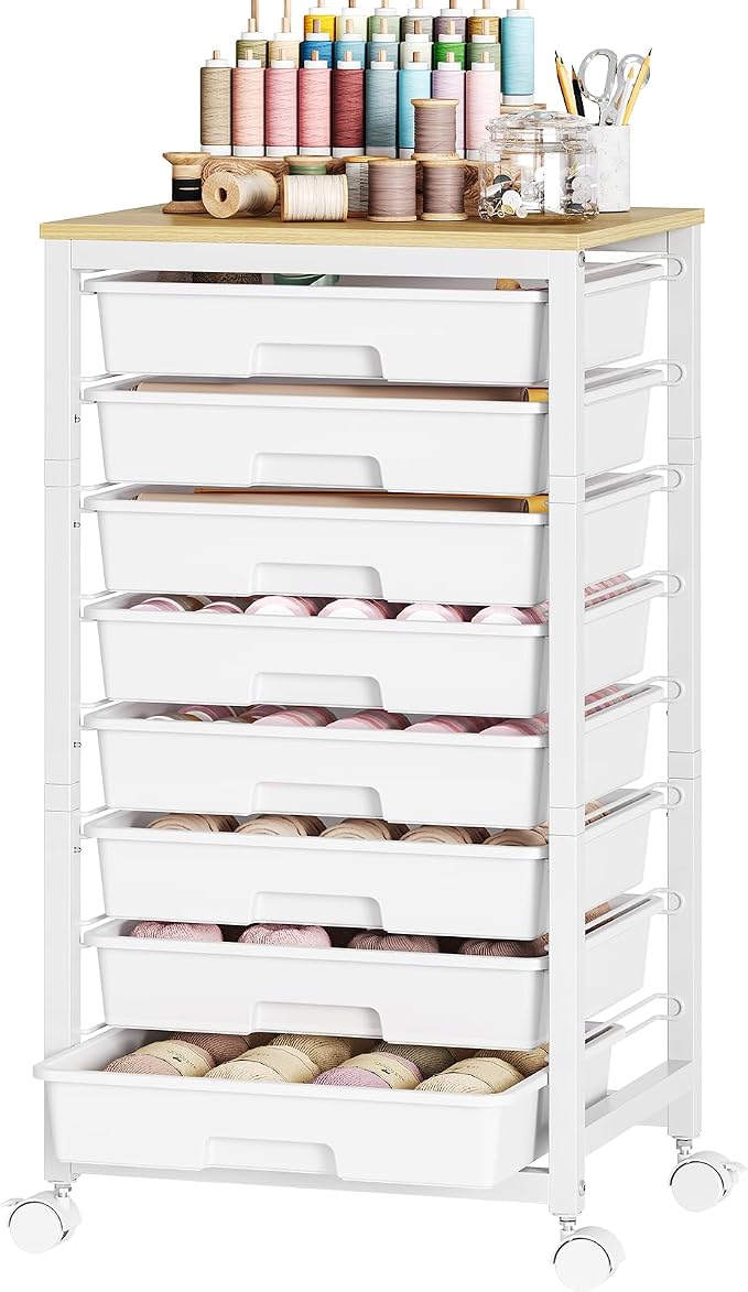 SYKIARIOL Rolling Cart with Drawers,8 Drawer Rolling Cart,Rolling Drawer Cart,Rolling Storage Drawer Cart,White Rolling Cart,Utility Cart with Drawers and Wooden Tabletop