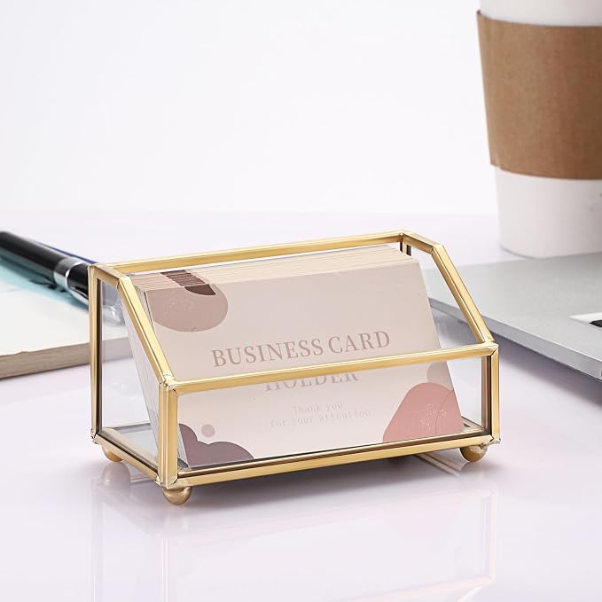 Hipiwe Glass Business Card Holder Stand, Gold Metal Frame Name Card Display Organizer, Office Desktop Countertop Business Cards Storage Holder, Fits 80-100 Business Cards