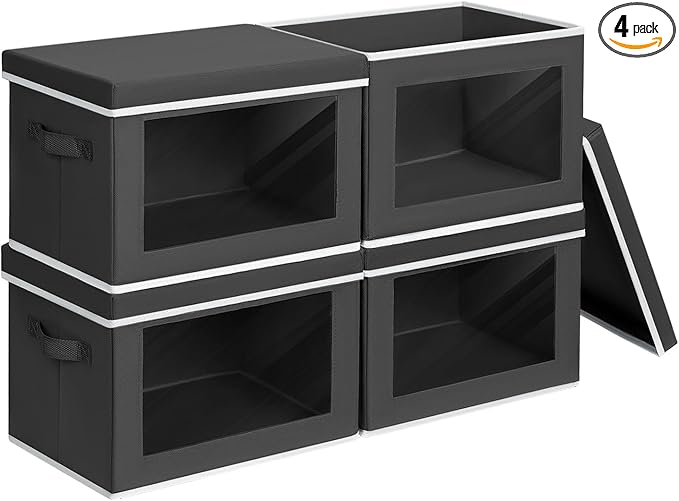 Homsorout Storage Bins with Lids - Small Fabric Organizers with Window, Collapsible Storage Bins for Clothes, Decorative Closet Organizers for Towels, Tshirt, 4 Pack, Black