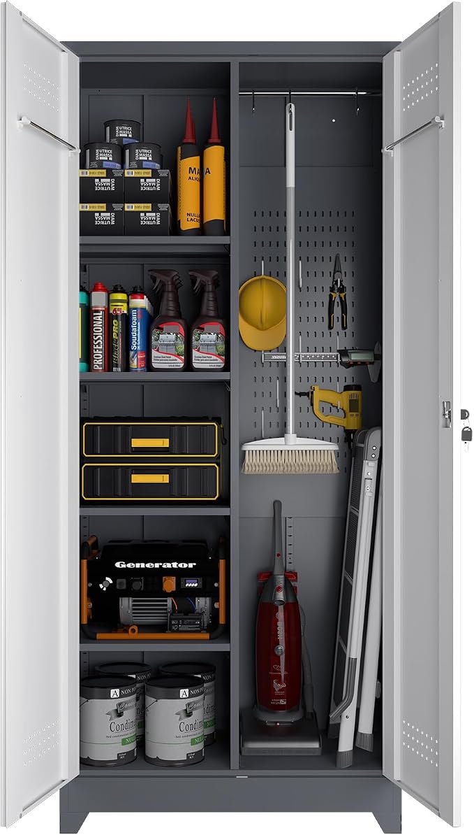 Broom Storage Cabinet, Metal Cabinet with Shelves and Hanging Rod, 72.8" Utility Cabinets with Locking Door, Tall Cleaning Storage for Kitchen, Pantry, Office, Shop, Garage
