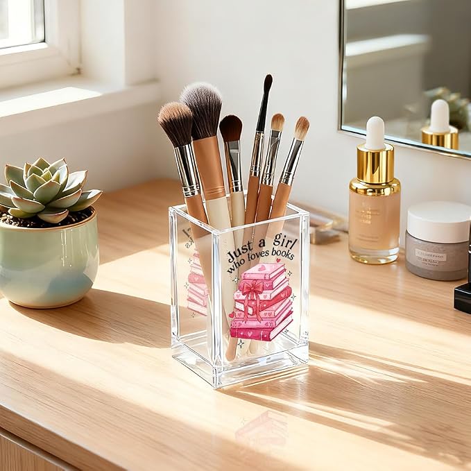 Just A Girl Who Loves Books Acrylic Pencil Holder Cup, Funny Floral Books Desk Organizer for Book Lover Bookish Bookworms Readers, Women Empowerment Gifts for Daughter Girls Sister BFF (Red)