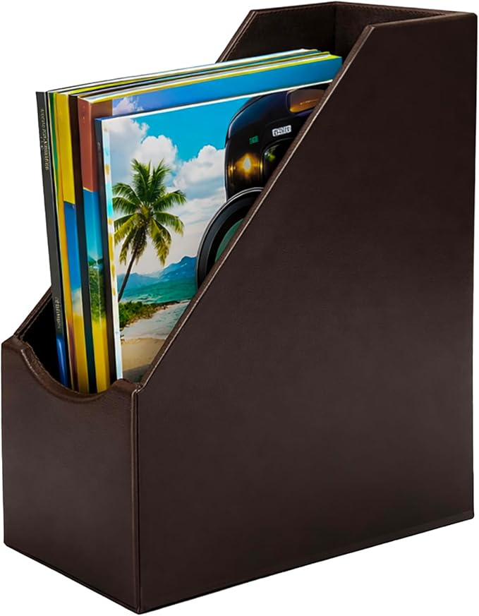 UnionBasic Magazine File Holder - Office Leatherette Desktop Document File Folder Journals Organizer Racks, Coffee, 1-piece