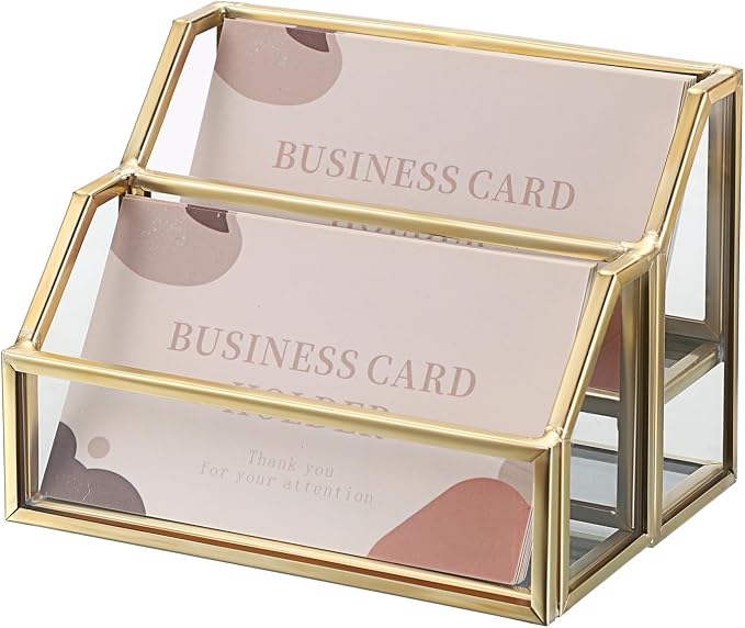 Hipiwe Glass Business Card Holder 2 Slots Gold Business Card Stand Mirrored Base Name Display Holder for Desk Multiple Clear Business Card Holder Display for Office