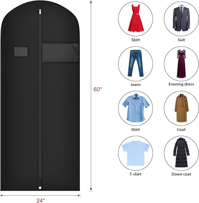 Univivi 60 Inch Long Garment Bags for Hanging Clothes, 5 Pack, Black | Breathable Dress Bag, Dustproof Hanging Garment Bag, Clear Window and ID Card Holder for Coats, Dresses