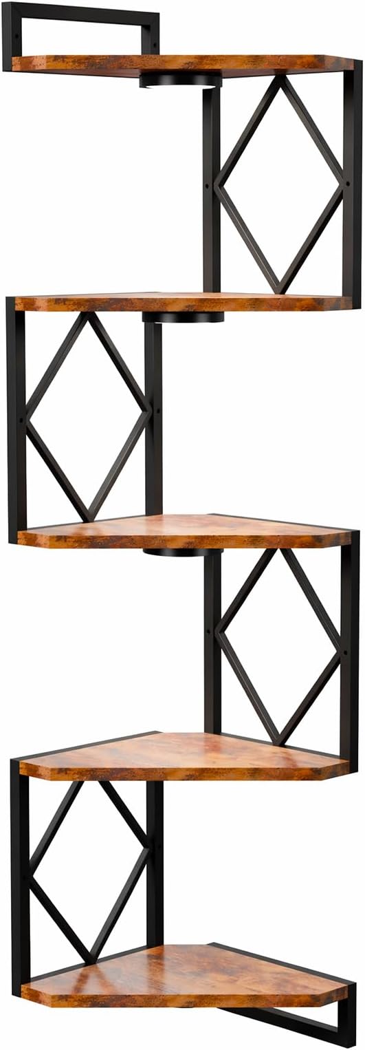 HAAYOT Corner Shelf Wall Mounted: 5-Tier Floating Shelves with Lights for Living Room, Bedroom, Home Office, Rustic Brown