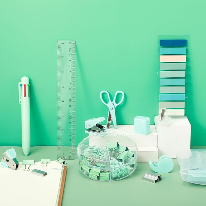 Mini Office Supplies, Turquoise Green School Supplies with Sticky Notes,Mini Stapler,Tape Dispenser,Hole Punch,Staple Remover,Staples,Clips,Scissor,Pen (Green)