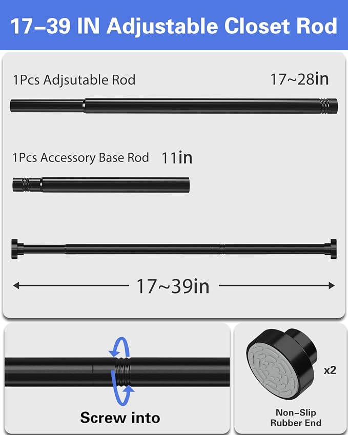 Supforce No Drilling Closet Rods for Hanging Clothes, Non Slip Tension Rod with Heavy Duty Clothes Hanging Rod, 17-39 Inches Adjustable Spring Closet Rod for Closet Wardrobe Bathroom Laundry RV, Black