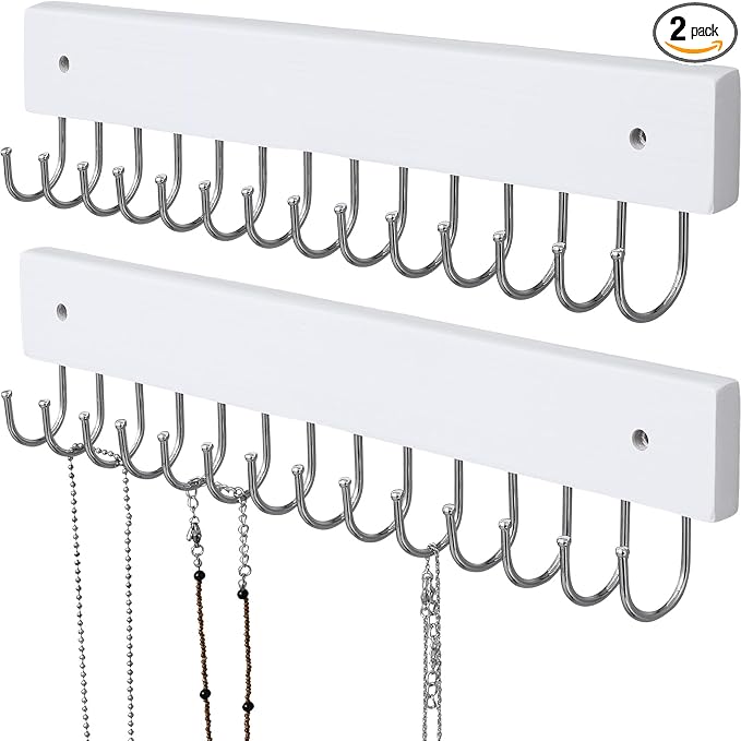 SCUNDA Hanging Jewelry Organizer Wall Mounted, Modern Jewelry Display with 28 Hooks, Decorative Necklace Holder for Wall, Space Saving Necklace Hooks, (2 Packs, White)