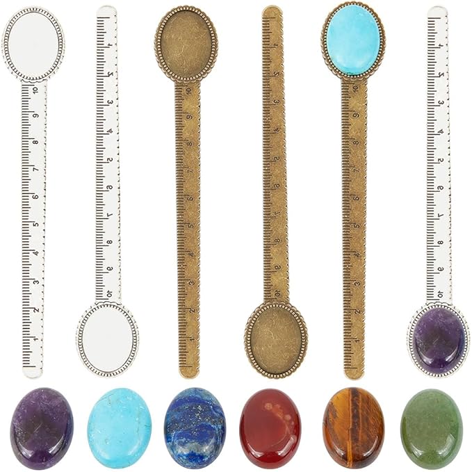 SUNNYCLUE 12Pcs DIY 6 Sets Metal Bookmark Blanks Natural Gemstone Oval Cabochons Ruler Bookmark Bezel Trays Book Mark Blanks Bezels Antique Silver Bronze Cabochon Bookmarks Making Kit for Men Women