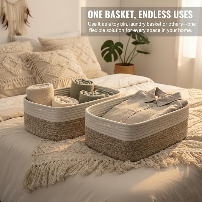 Large Shallow Basket, 15"x11"x5.1", Baskets for Organizing 3 Pack | Shallow Storage Basket for Shelves, Living Room, Nursery, Bathroom, Cotton Rope Basket Organizer, Decorative Flat Basket Tray
