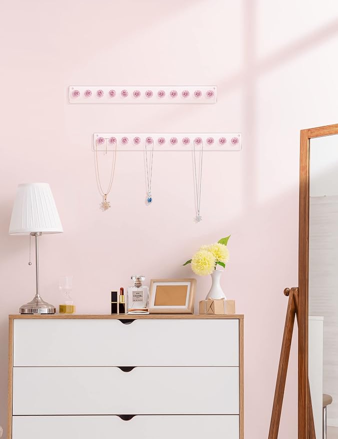 Heesch Necklace Holder, Wall Necklace Hanger, Acrylic Jewelry Organizer | Wall Mount Jewelry Hooks for Necklaces, Bracelets & Chains, Hanging Organizer and Storage, 2-Pack Pink
