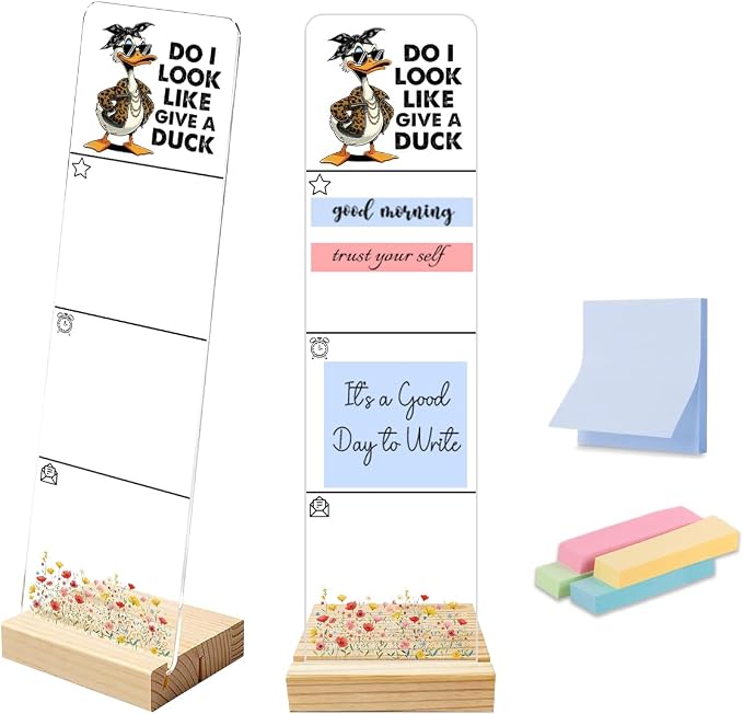 Sticky Note Holder, Monitor Memo Board, Acrylic Post It Note Holder with Wooden Base, Includes 200 Notes, Desk Organizer, Funny Duck Quote “Do I Look Like I Give A Duck”