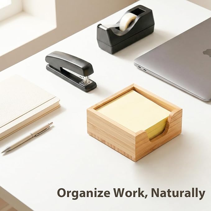 Bamboo Sticky Note Holder for 3 x 3 Notes, Sticky Note Dispenser for Desk, Modern Post It Note Holder, Office Desk Organizer Accessories for Workspace