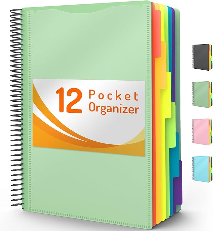 12 Pocket Project Organizer, Forvencer 1/6-cut Tab Binder Organizer with Sticky Labels, Multi Pocket Folder with Zipper Pouch, Folder Binder Spiral Pockets Notebook, Office Supplies, Antique Green