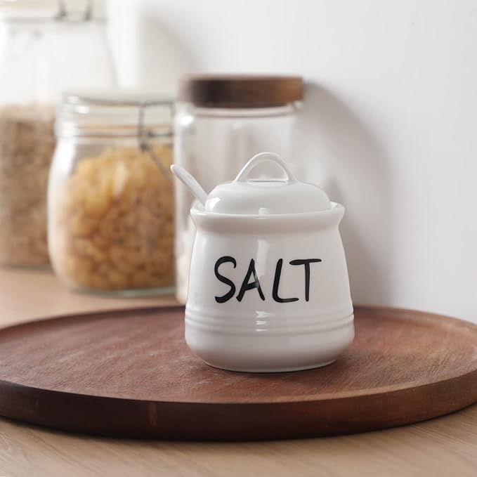 HAOTOP Salt Bowls with Lid and Spoon -12 oz Ceramic Salt Cellar, Salt Containers, Spice Box for Counter, Farmhouse Kitchen Decor, White