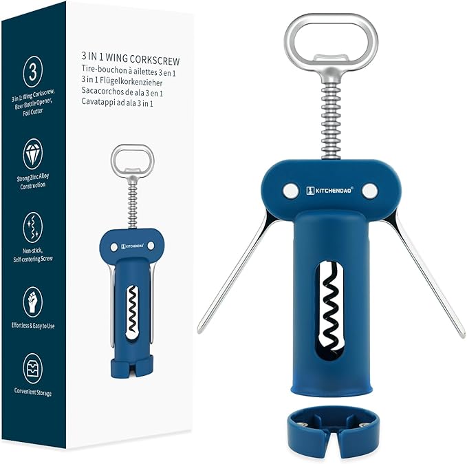 KITCHENDAO 3 in 1 Wing Corkscrew Wine Bottle Opener with Foil Cutter, Built-in Beer Bottle Opener, Multifunctional Wine Opener with Non-Stick Sharp Screw, Easy to Use, Manual Wine Corkscrew, Blue