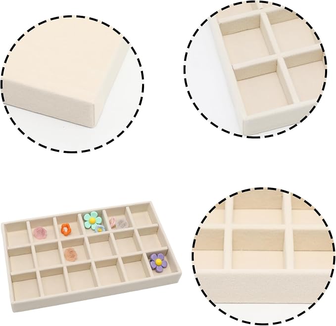 Velvet Jewelry Organizer Trays Beige Stackable Jewelry Storage Display Tray with Removable Dividers, 18 Grids