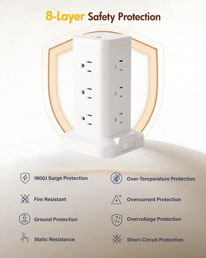 Power Strip Tower with Surge Protector 1800J, Fast Charging Tower PD20W USB-C Ports with 12 AC Outlets, Extension Cord for Home Office Dorm Room, 9.8ft, White
