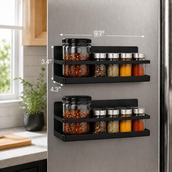 Magnetic Spice Rack Set of 2, Wall Mount or Refrigerator Organizer, Black Matte Steel Kitchen Shelf, Strong Magnetic Back, Drill or No-Drill Installation, Space Saving for Kitchen Organization