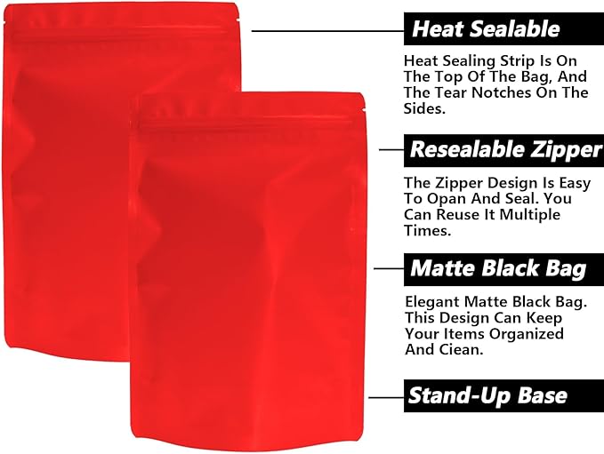 100PCS Smell Proof Resealable Pouch Bags,ULIFESTAR Aluminum Foil Flat Food Storage Bag,Sealable Pcsaging Zipper Pouches with Tear Notches for Pcsaging Lipgloss,Jewelry,etc(16 * 24cm/6.3 * 9.45",Red)