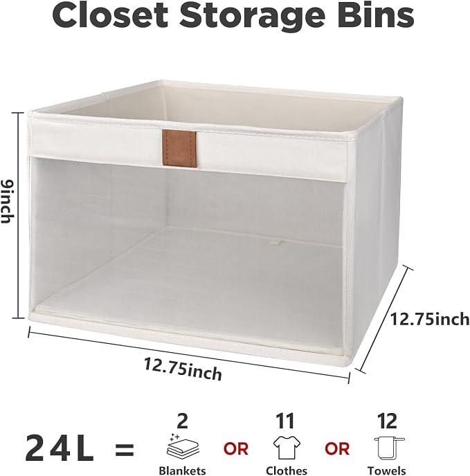Linen Closet Organizers and Storage, Closet Storage Bins Basket Organizer, Foldable Organization Baskets with Mesh Window for Clothes Towels and Toys, 12.75" x 12.75" x 9", Beige, 2 pack