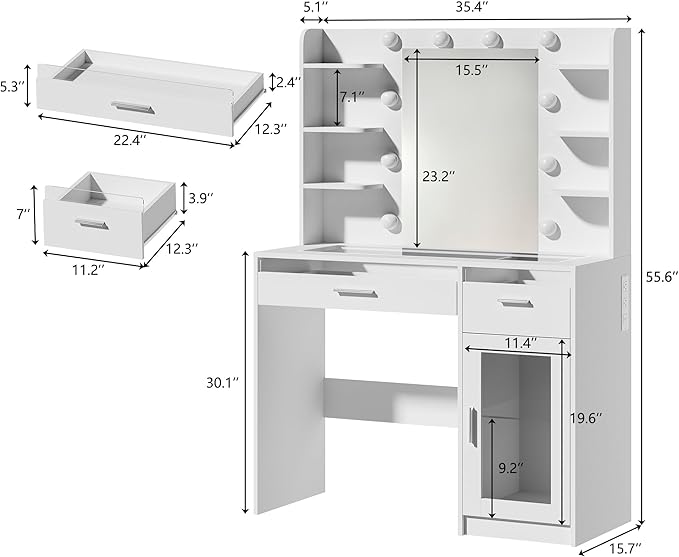 HUAHUU Vanity Desk with Mirror and Lights, Makeup Vanity Desk with Lights 3 Colors, Transparent Top Vanity with 2 RGB Drawers, 6 Shelves, Large Tempered Cabinet, Power Outlet, for Bedroom, White
