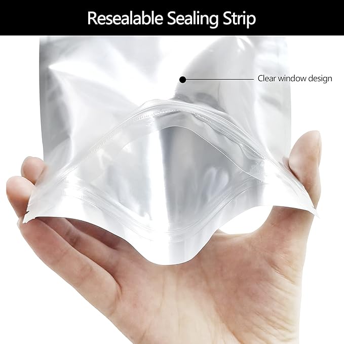 100 Pack Mylar Bags for Food Storage 6 x 9 Inch Resealable Smell Proof Bags with Clear Window Aluminum Foil Packaging Pouch Bag Silver