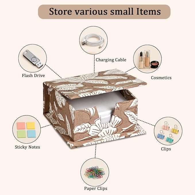 Ridhi Block Print Oak Brown Sticky Note Holder Box for Desk, Aesthetic Memo Pad Organizer, Sticky Note Box Decorative Office Accessory, Stationery Gift for Teachers, Students, Professionals