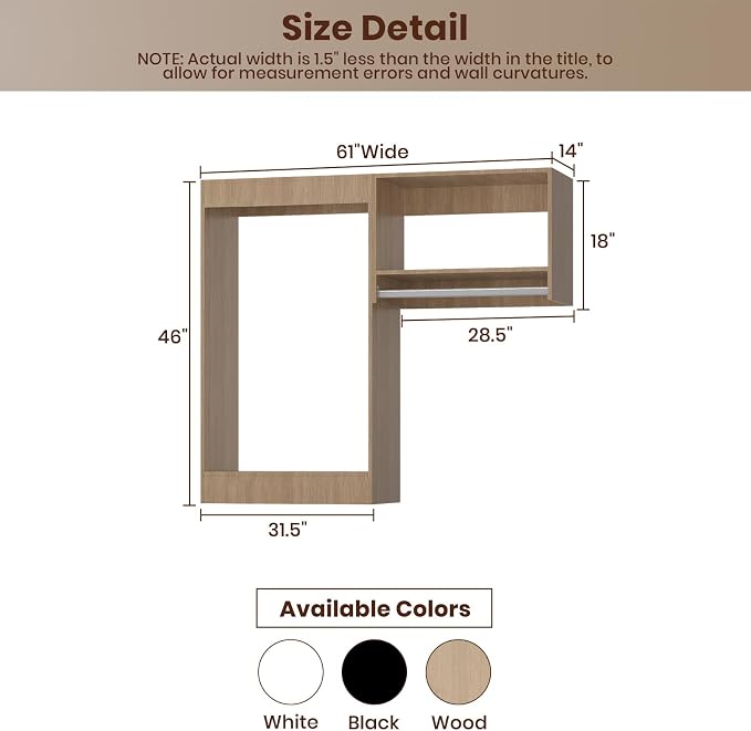ROOMTEC Modular Closet System, 61" Wall-Mounted Closet Organizer with Hanging Rods, Wooden Tower for Walk-In Closets, Wardrobe Storage Kit, Wood