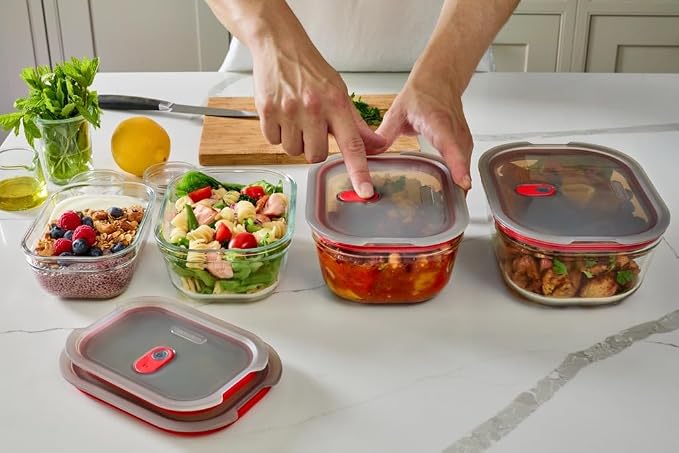BLACK + BLUM Stack + Nest Glass Food Storage Container Set | Mix Set 4 Pack | Meal Prep Boxes with Airtight & Leak-Proof Lids. Borosilicate Glass, Oven, Air-Fryer, Microwave, Freezer & Dishwasher Safe