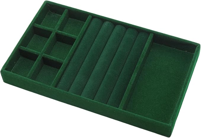 Velvet Jewelry Organizer Trays Dark Green Stackable Jewelry Storage Display Tray with Removable Dividers, 3-in-1