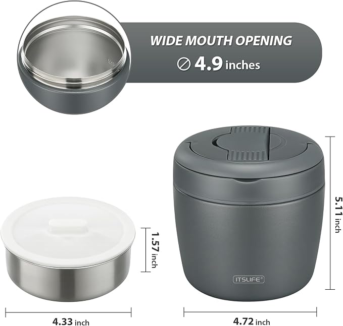 Itslife 32oz Insulated Soup Thermo, Vacuum Stainless Steel Food Jar for Hot & Cold Food, Leakproof Wide Mouth Lunch Container with Spoon, Grey