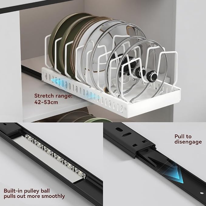Pull Out Pot Lid Organizer, Cabinet Pan Rack, 8 Dividers | 2-pack black carbon steel rack, 16 adjustable dividers, quiet slide rails, adhesive or screw mount for lids, pans, bakeware