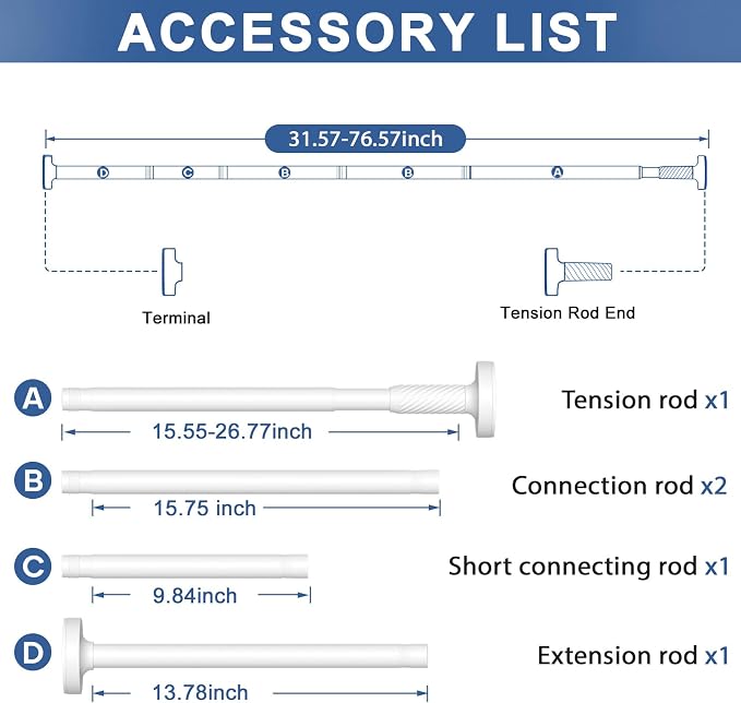 Tension Curtain Rod 32-76Inch Adjustable Shower Rod White Tension Rod Spring Curtain Rods no Drilling Shower Rods for Bathroom,Windows,Closets,Doorway