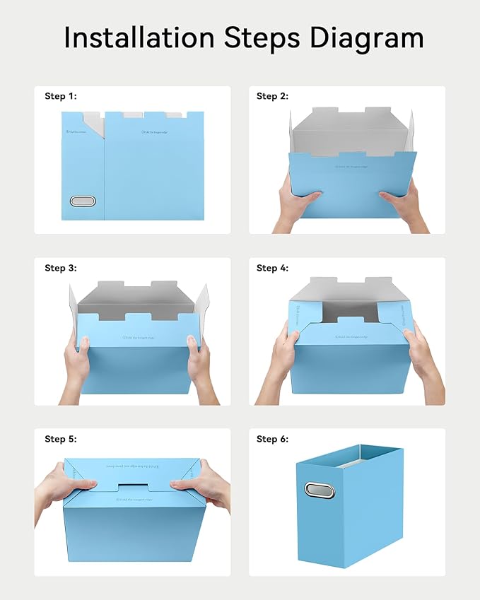 Oterri File Organizer Box, Portable Collapsible Cardboard File Folder Organizer with Handle for Letter Size Hanging Files, Document Storage Box for Home Office & Classroom (6 Packs, Blue)