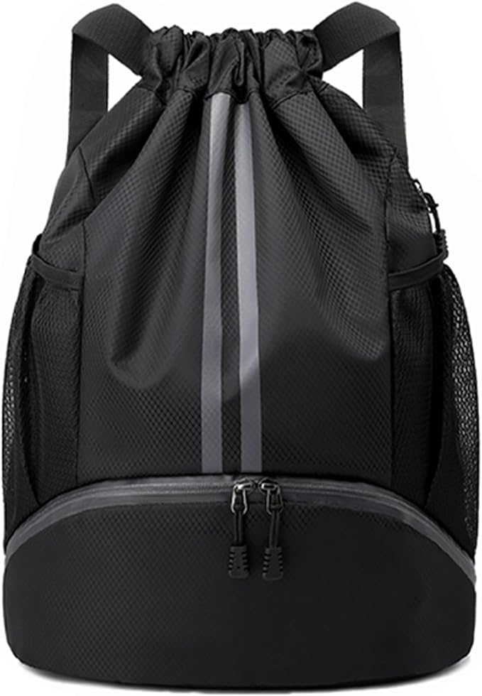 JELUTAR Drawstring Backpack Gym Bag with Shoes Compartment, Black | Water-Resistant String Backpack for Soccer, Basketball, Swim, Beach Cinch for Women Men, 18 L Large Capacity, Wet Pocket