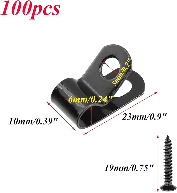 Antrader 0.24" Fence Wire Clamps,R-Type Agricultural Fencing Mounting Clips | 100Pcs 6mm Cable Management Cord Organizer with Screws to Vinyl, Wood or Metal Fence