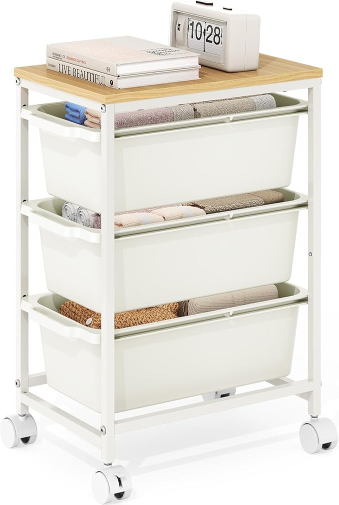 Slim Rolling Storage Cart with 3 Drawers, Craft Organizer, Wooden Tabletop Utility Cart for Bedroom, Children's Room and Office Organization, Under Desk Trolley with Lockable Wheels,White