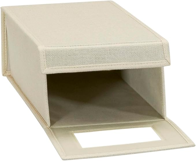 Household Essentials Small Drop Front Shoe Box with Clear Front Panel, Sturdy Poly‑Blended Linen, Cream Finish, Set of 2