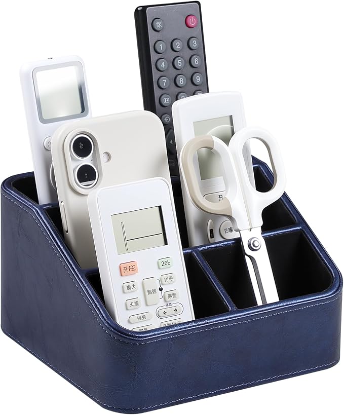 PU Leather Remote Control Holder, Nightstand Organizer with 4 Compartments | Luxury Desk Caddy with Velvet Lining, Small Desk Organizer for Living Room, Bedroom, Bedside, End Table, 6.8" x 6.7" x 4"