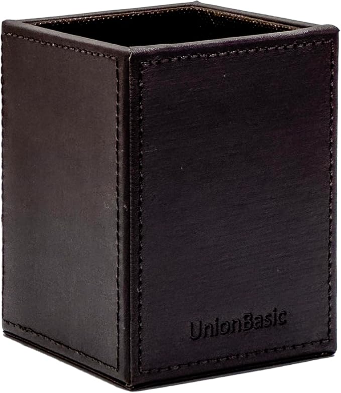 UnionBasic Square Pen Holder, Leather Pencil Cup, Desktop Caddy Stationery Organizer (Coffee)