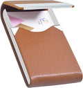 Business Card Holder with Ultra Slim Design,Business Card Case with Premium PU Leather, Suit Pocket Metal Card Holder for Women/Men,Professional Name Card Holder with Magnetic Shut (Brown)